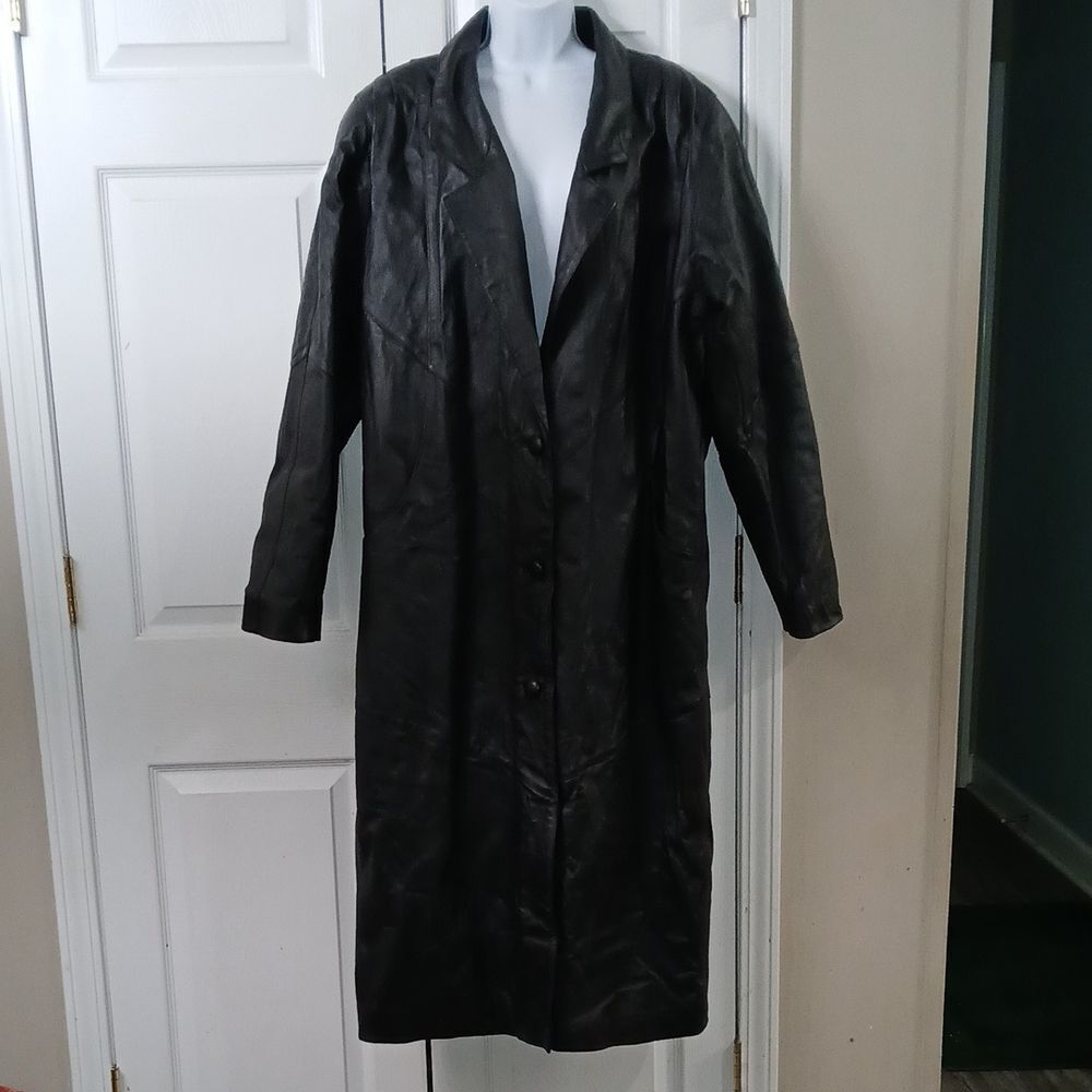 Liz Baker vintage Essentials black long leather trench coat Sz XLx